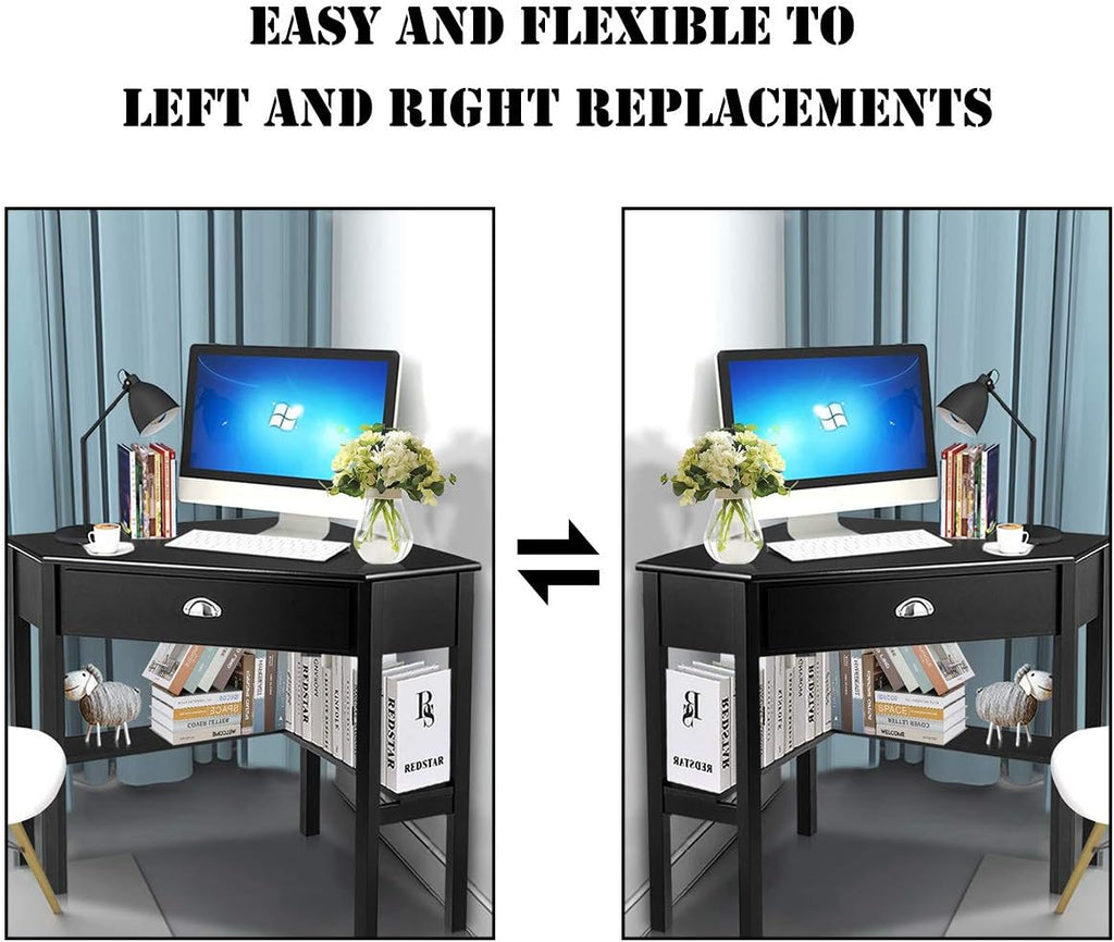 Corner Computer Desk, Space-Saving Corner Table with Drawer & Shelves, Home Office 90° Triangle Corner Workstation, Modern Makeup Vanity Table, Small Corner Desk for Small Spaces (Black)