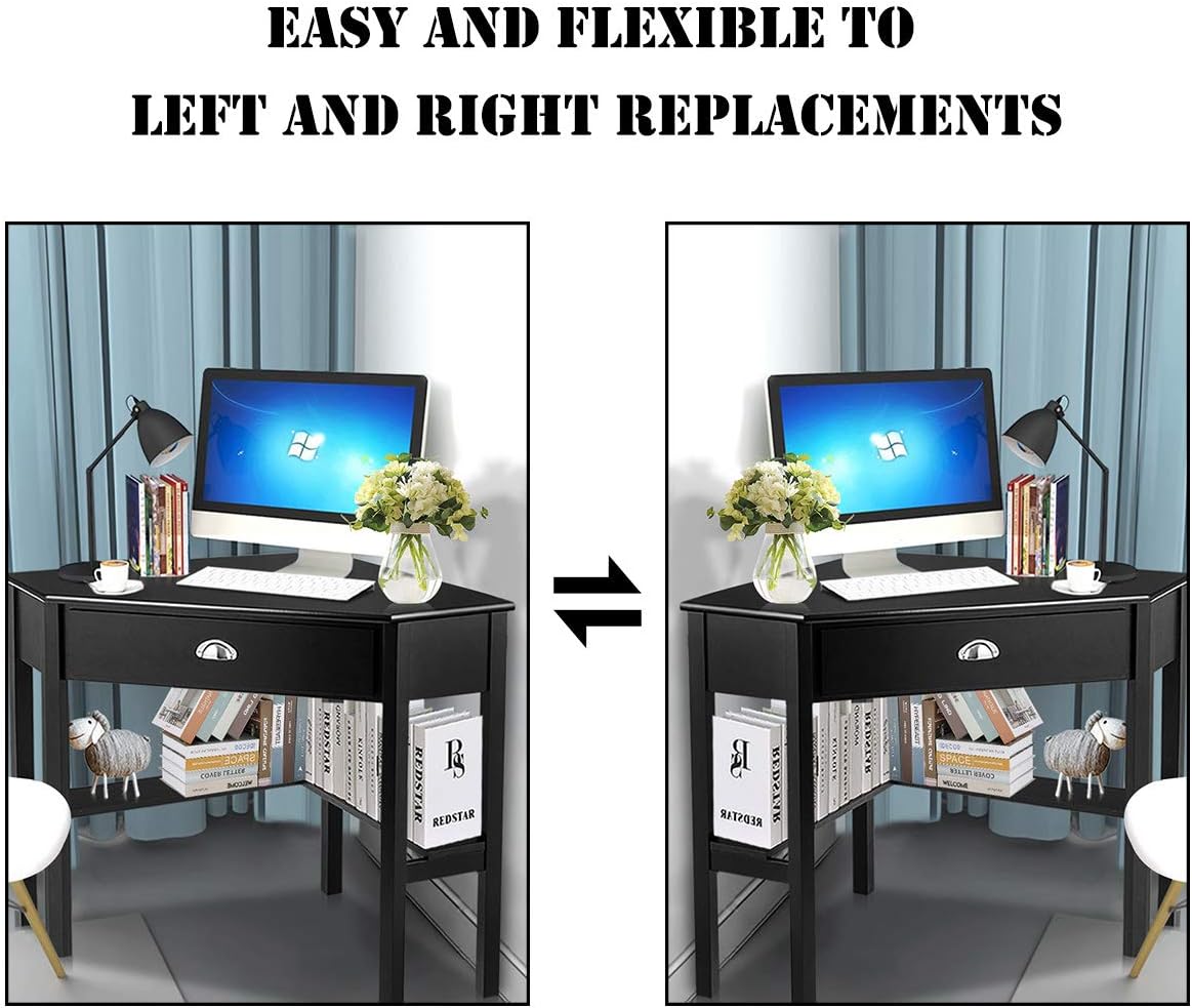 Corner Computer Desk, Space-Saving Corner Table with Drawer & Shelves, Home Office 90° Triangle Corner Workstation, Modern Makeup Vanity Table, Small Corner Desk for Small Spaces (Black)