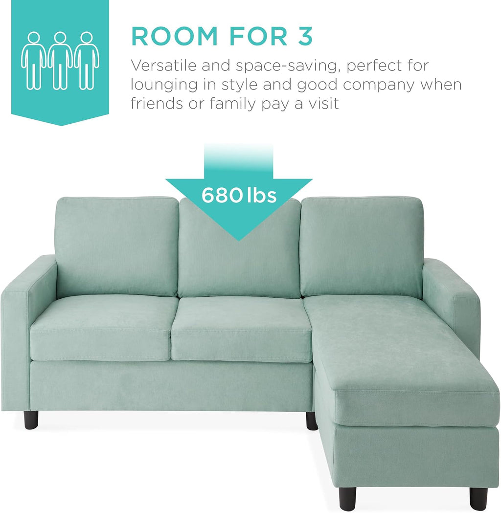 Best Choice Products Upholstered Sectional Sofa for Home, Apartment, Dorm, Bonus Room, Compact Spaces w/Chaise Lounge, 3-Seat, L-Shape Design, Reversible Ottoman Bench, 680lb Capacity - Aqua
