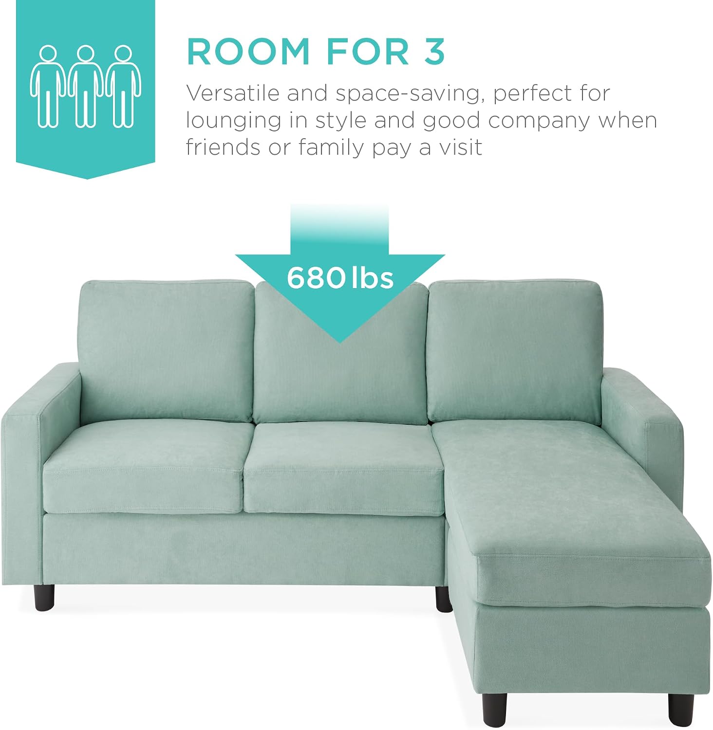 Best Choice Products Upholstered Sectional Sofa for Home, Apartment, Dorm, Bonus Room, Compact Spaces w/Chaise Lounge, 3-Seat, L-Shape Design, Reversible Ottoman Bench, 680lb Capacity - Aqua