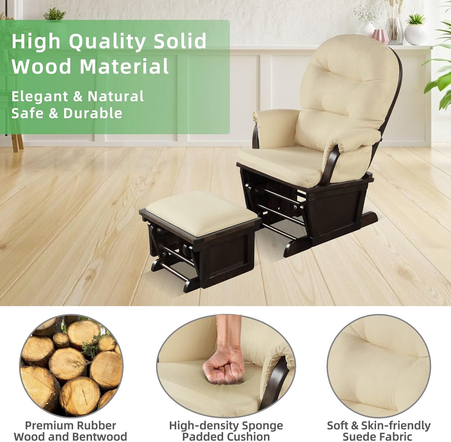 Comfortably Enjoy Rocking Chair Solid Practical Wood Construction, Incredibly Smooth Quiet Gliding Baby Nursery Relax Chair Glider Ottoman Set with Cushion