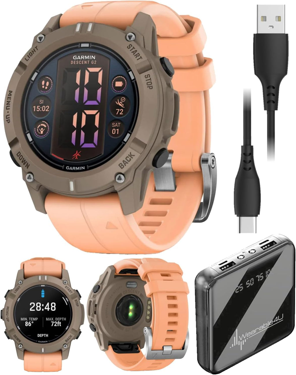 Garmin Descent G2 Watch-Style Dive Computer Smartwatch, Diving Paloma with Shell Pink Band, AMOLED Display, Diving PowerBank Bundle