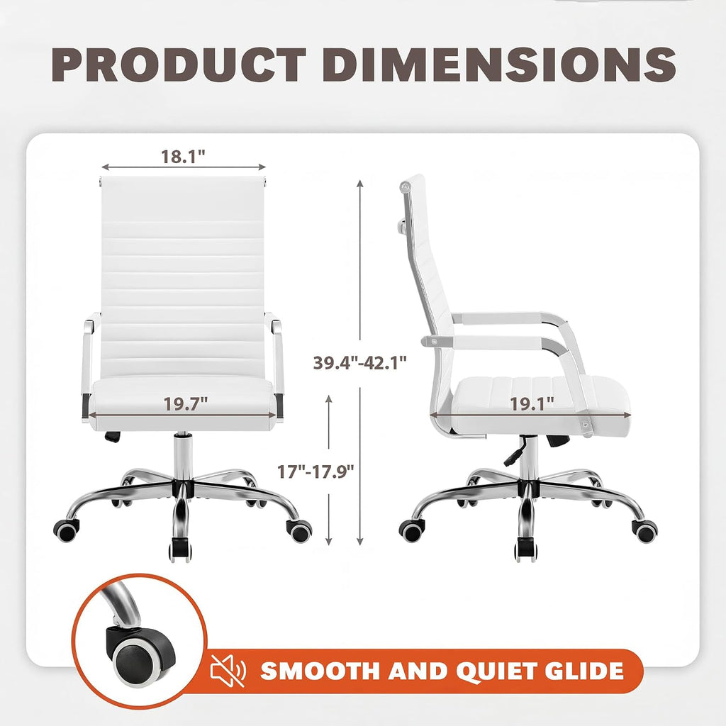 Furmax Ergonomic Office Desk Chair, Executive Ribbed Mid-Back PU Leather Conference Room Chair Adjustable Swivel Chair with Arms (2, White)