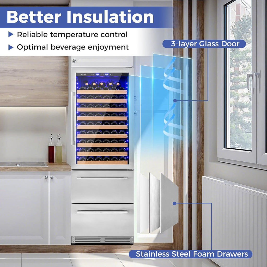 COSTWAY 24 Inch Wine and Beverage Refrigerator, Dual Zone Beverage Cooler with Independent Temperature Control, 108 Bottles and 175 Cans, Built-In or Freestanding Wine Cellar