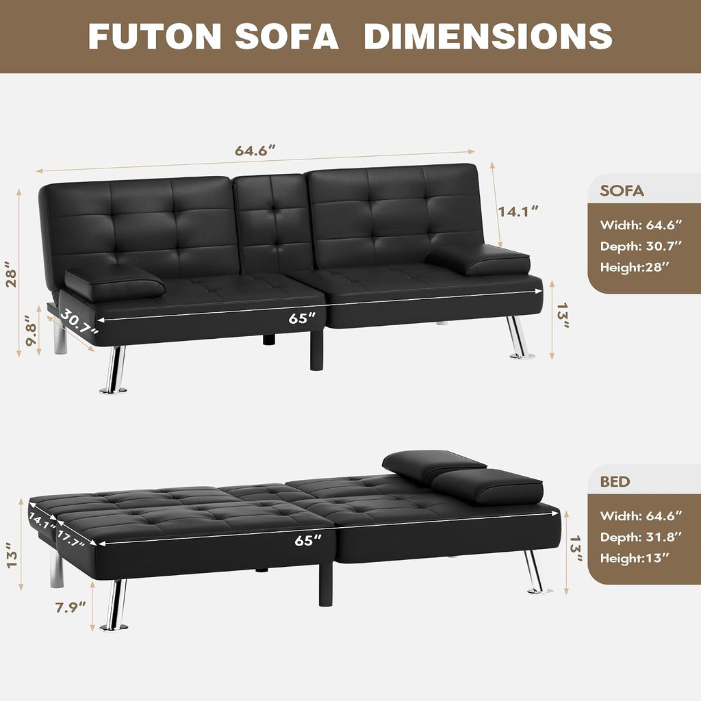 Homall Futon Sofa Bed, Leather Futon Couch with Removable Armrests, Adjustable Recliner Sleeper Sofa Bed with Dual Cup Holders for Living Room, Apartment, Office (Black), 30.7 x 65 x 28