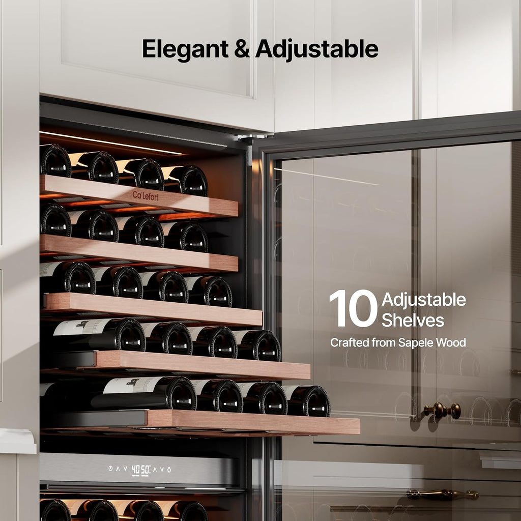 Ca'Lefort 90 Bottle Wine Fridge - 24 Inch Dual Zone Wine Cooler 40-65°F with Bottom Drawer, 10 Adjustable Shelves & 3 LED Lights, Energy Star Certified Built-in or Freestanding for Home/Bar/Kitchen