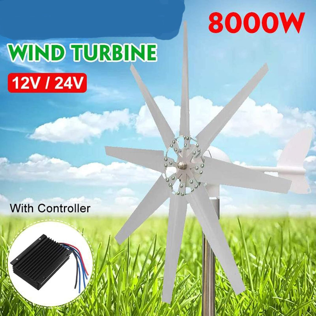 New Vertical Wind Generator,3000W 12V 24V 48V 8 Blades Wind Turbine Generator+ MPPT Controller for Marine and Land (White)