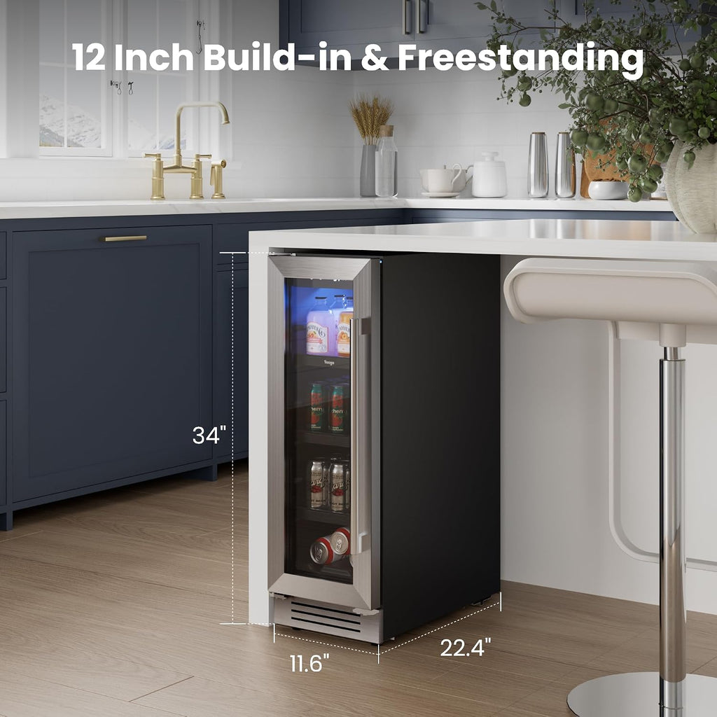 Yeego Beverage-Refrigerator, 12 Inch Beer Cooler Built-in or Freestanding,60 Cans Beverage Cooler with Glass Door, Mini-Fridge for Bottles and Cans Beer/Soda/Water/Wine (Left-Hinged)