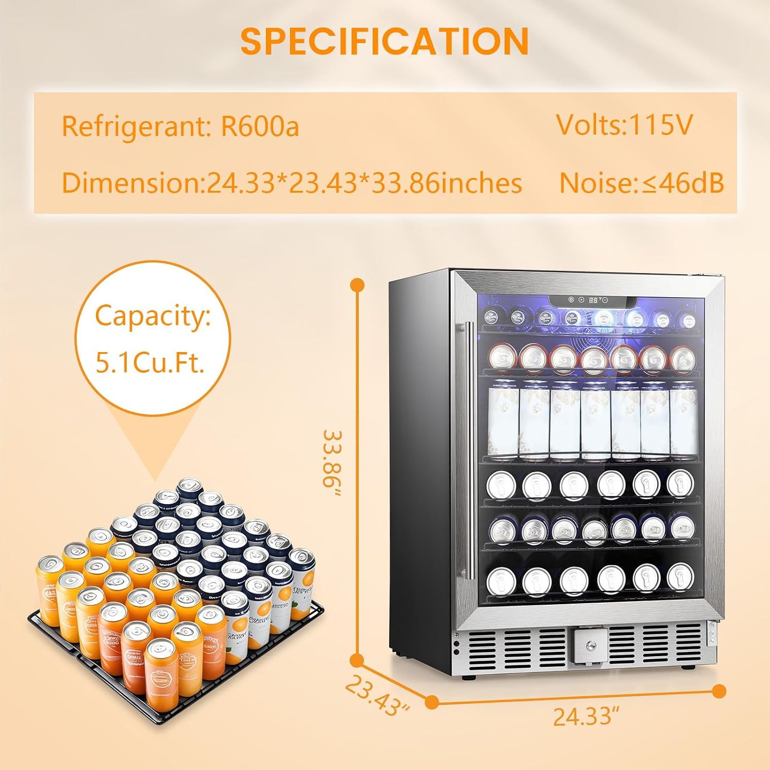 COWSAR 24 Inch Wine Cooler, 46 Bottles Commercial Wine Fridge, Tall Freestanding/Built-in Beverage Refrigerator Drink Fridge with Dual-Layer Digital Temp Control Glass Door, Removable Wooden Shelves