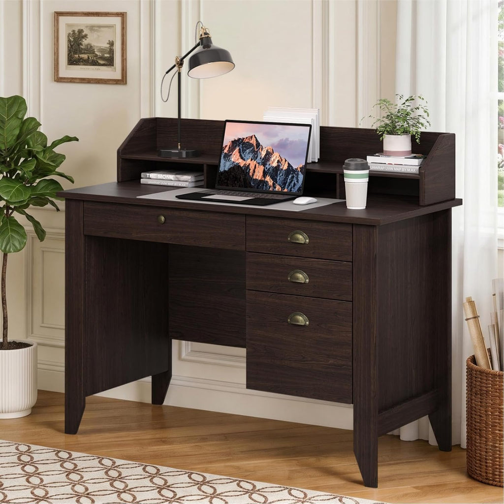 4 EVER WINNER Small Desk with Drawers, Office Desk with File Drawer and Monitor Stand, Writing Desk Study Table for Small Spaces, Espresso