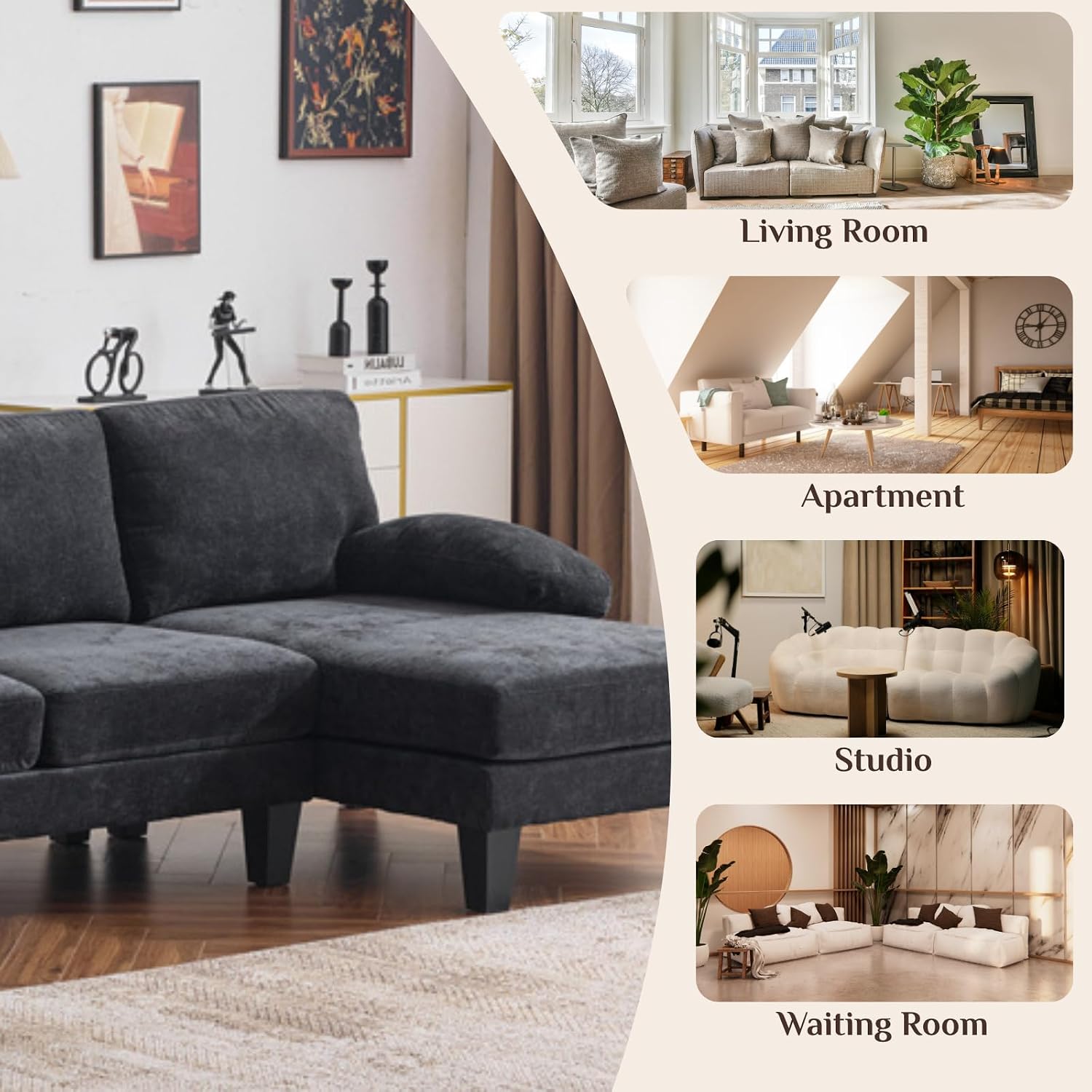 Karl home 111' Sectional Sofa U-Shaped 4-Seat Couch with Chaises Wood Grian Legs Chenille Fabric Upholstered for Living Room, Apartment, Office, Black
