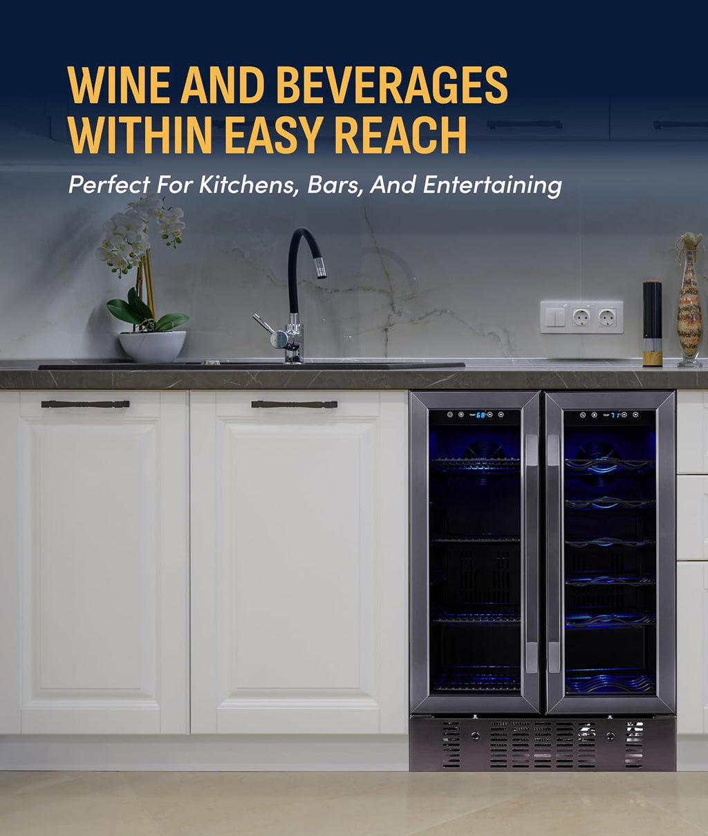 NewAir 24' Dual Zone Beverage Refrigerator & Wine Cooler for 18 Bottles & 58 Cans | Freestanding or Built-In Under Counter Mini Fridge for Beer, Wine and Soda | Black Stainless Steel
