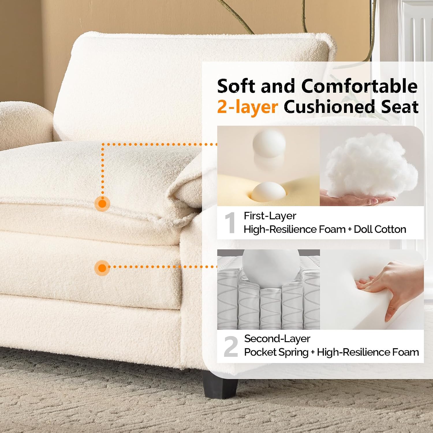 VINGLI Oversized Sofa Chair and a Half with Deep Seat & Movable 2-Layer Ottoman Set, Comfy Cloud Sofa Bed with Chaise, 1-Seater Modular Sectional Sleeper Couch for Living Room, Teddy-Fleece, Beige