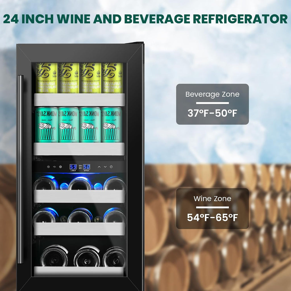 15 Inch Wine and Beverage Refrigerator,13 Bottle & 48 Cans Black Dual Zone Beverage Refrigerator,Under Counter Beverage Fridge with Glass Door,Control Panel for Wine Soda,Beer-Kitchen Home