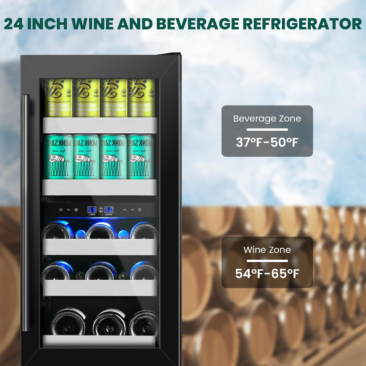 15 Inch Wine and Beverage Refrigerator,13 Bottle & 48 Cans Black Dual Zone Beverage Refrigerator,Under Counter Beverage Fridge with Glass Door,Control Panel for Wine Soda,Beer-Kitchen Home