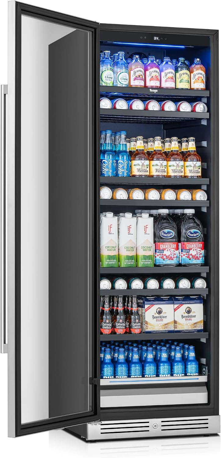 Beverage Refrigerator 24 inch -378 Cans Capacity Beverage Cooler, Upgraded Beverage Refrigerator Freestanding or Built-In, Drink Cooler for Soda, Water, Beer or Wine - For Kitchen, Bar or Office