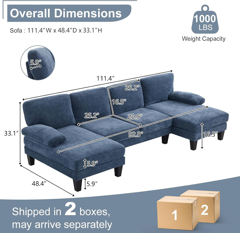 Karl home 111' Sectional Sofa U-Shaped 4-Seat Couch with Chaises Wood Grian Legs Chenille Fabric Upholstered for Living Room, Apartment, Office, Navy Blue
