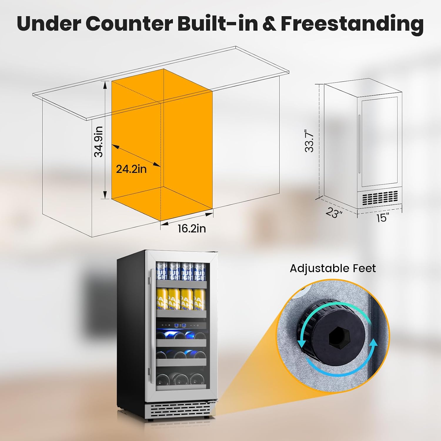 15 Inch Wine and Beverage Refrigerator,13 Bottle & 48 Cans Dual Zone Beverage Fridge with Reversible Glass Door,Freestanding/Under Counter Wine Fridge with 360 Air Cooling for Home Bar Office