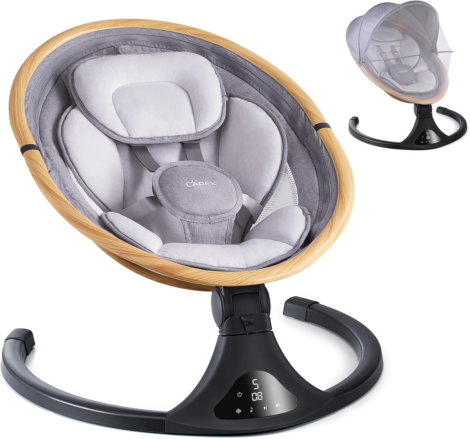 LAREX Baby Swing to Toddler Electric Infant Swing Portable for Newborn Boy Girl, 5 Sway Speeds with Remote Control, 12 Preset Melodies and Bluetooth, 0-6 Months Max 20 Lbs (Light Wood Grain)