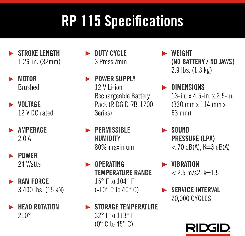 RIDGID 72558 Model RP 115 Mini Press Tool and Battery Kit with 1/2' to 3/4' ProPress and PureFlow Press Tool Jaws, 2V Li/Ion Battery, 12V Charger, and Carrying Case