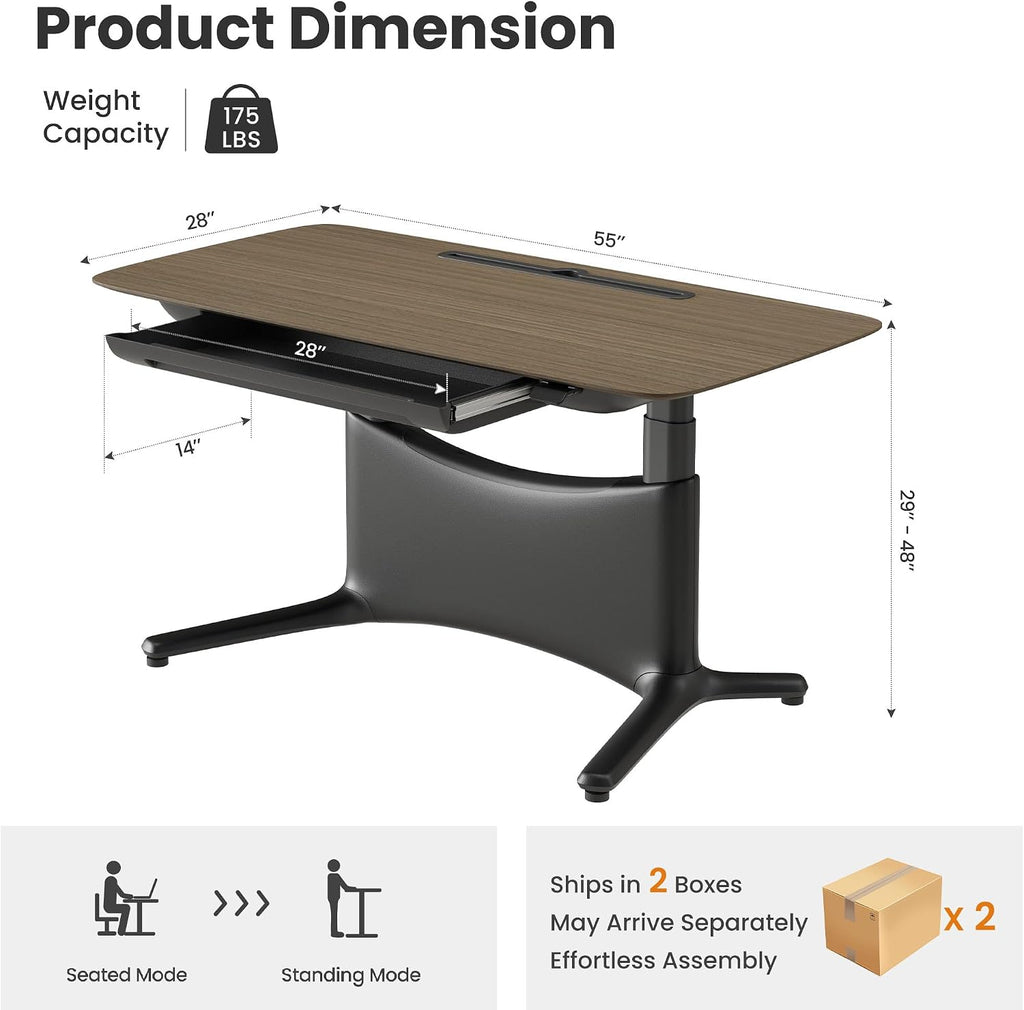 COLAMY Electric Standing Desk 55x28 Inch, Wobble-Free Dual Motor Sit Stand Up Home Office Computer Desk, One Piece Motorized Workstation Gamer Studio Table, Outlets & Footrest,Walnut Black