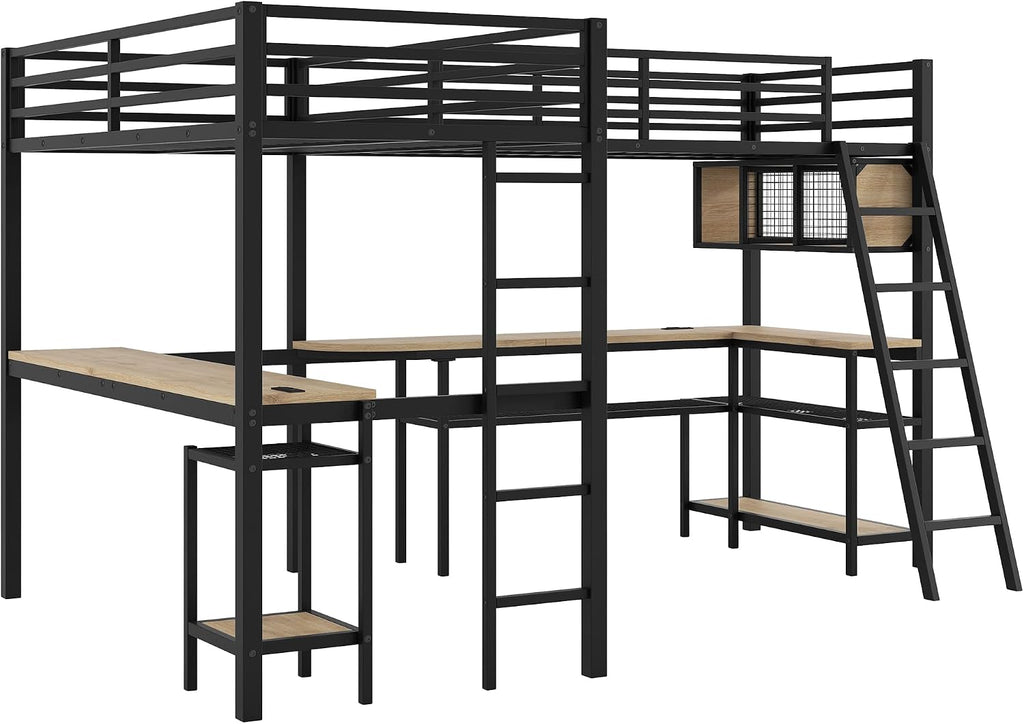 L-Shaped Loft Bed Twin Size with 2 Built-in Desks and Storage Shelves, Metal Gaming Loft Bed with LED and Charging Station for 2 Kids Teens Boys Girls
