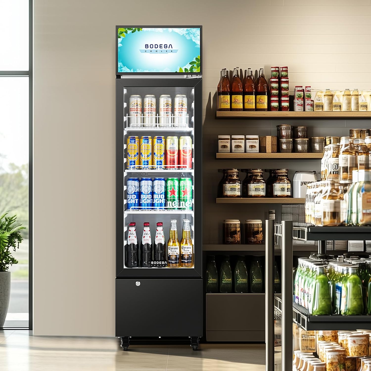 BODEGA BODEGACOOLER Commercial Drink Fridge with Glass Door, Tall Beverage Cooler for Beer, Soda, Single Door Display Refrigerator, 6.34 Cu.Ft Capacity