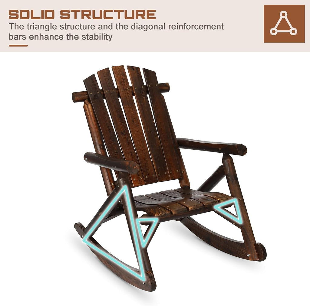 HOMEDIARY Wooden Adirondack Rocking Chair, Patio Log Rocker Outdoor Lounge Chair with Slatted Wooden Design, High Fanned Back & Classic Rustic Style for Garden Patio Backyard Porch, Carbonized