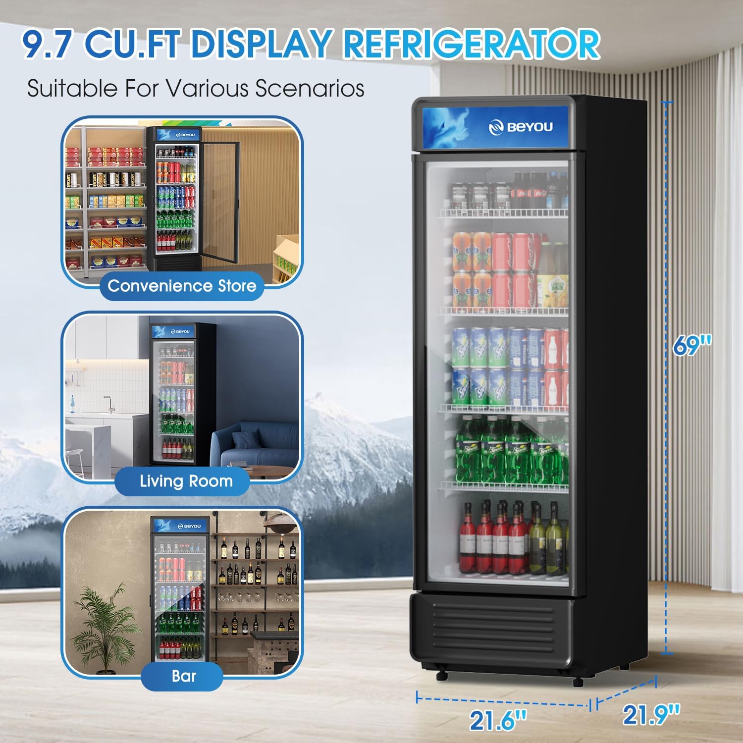 BEYOU Commercial Beverage Refrigerator, 9.7 cu. Ft Upright Dispaly Merchandiser with Single Glass Door, Drink Cooler for Living Room,Bar, Garage（Black）