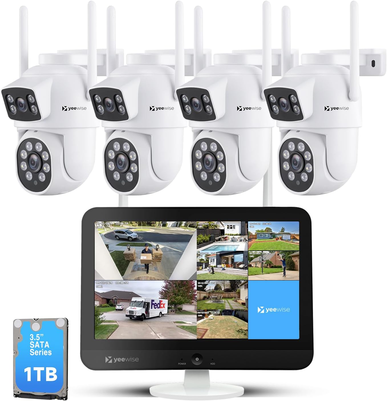 YEEWISE 2K Wi-Fi 6 Wireless Security Camera System with 12' Monitor, Dual Lens WiFi Security Cameras with 360° Pan Tilt & Auto Tracking, 16CH NVR with 1TB HDD, 5G&2.4G WiFi, 24/7 Record,Plug-in Power
