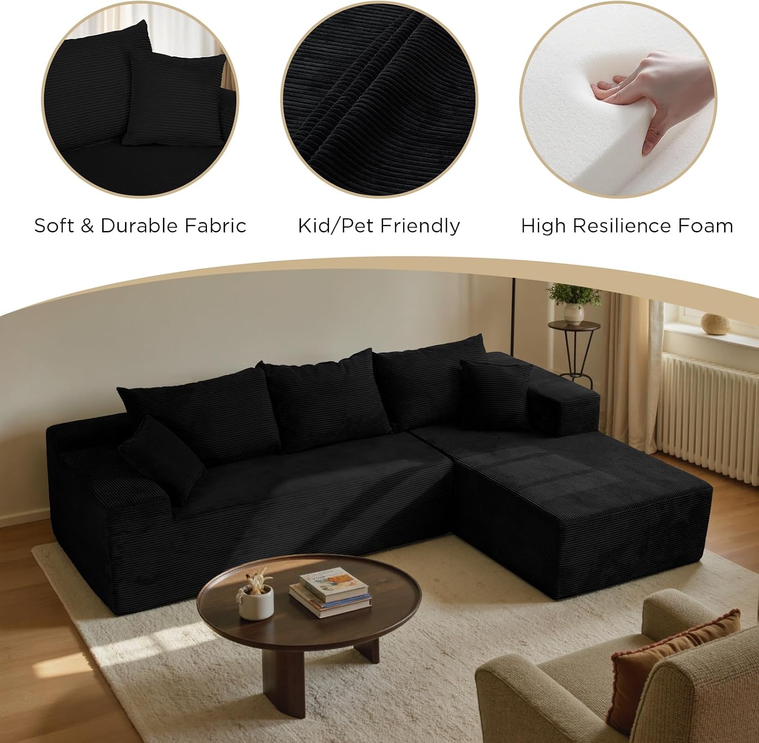Black 103' Cloud Couch Sectional Sofa in Box with L-Shape Chaise,Modern Modular Couches Upholstered with Deep Seat for Living Room,No Assembly Required