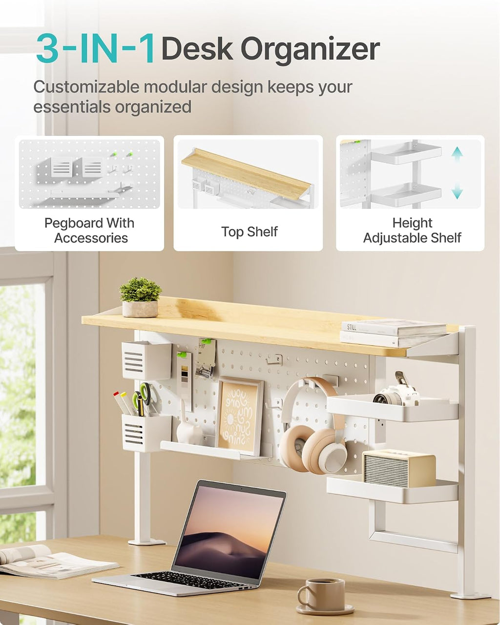 PEGZONE Clamp on Desk Shelf, 44' Desktop Shelving System with Pegboard and Accessories, Desktop Organizer with 2-Tier Shelf, Desk Pegboard for Gaming Office, White