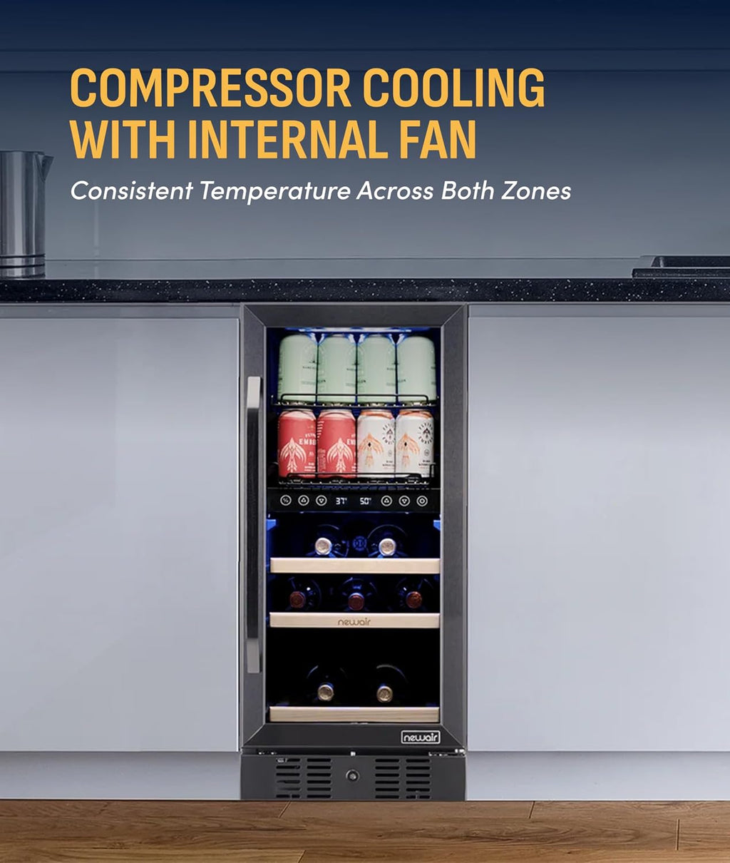 NewAir 15' Wine and Beverage Refrigerator 9 Bottle and 48 Can Capacity, Beverage Cooler in Stainless Steel, Built-in or Freestanding Dual Zone Drink Fridge with Triple-Pane Glass Door