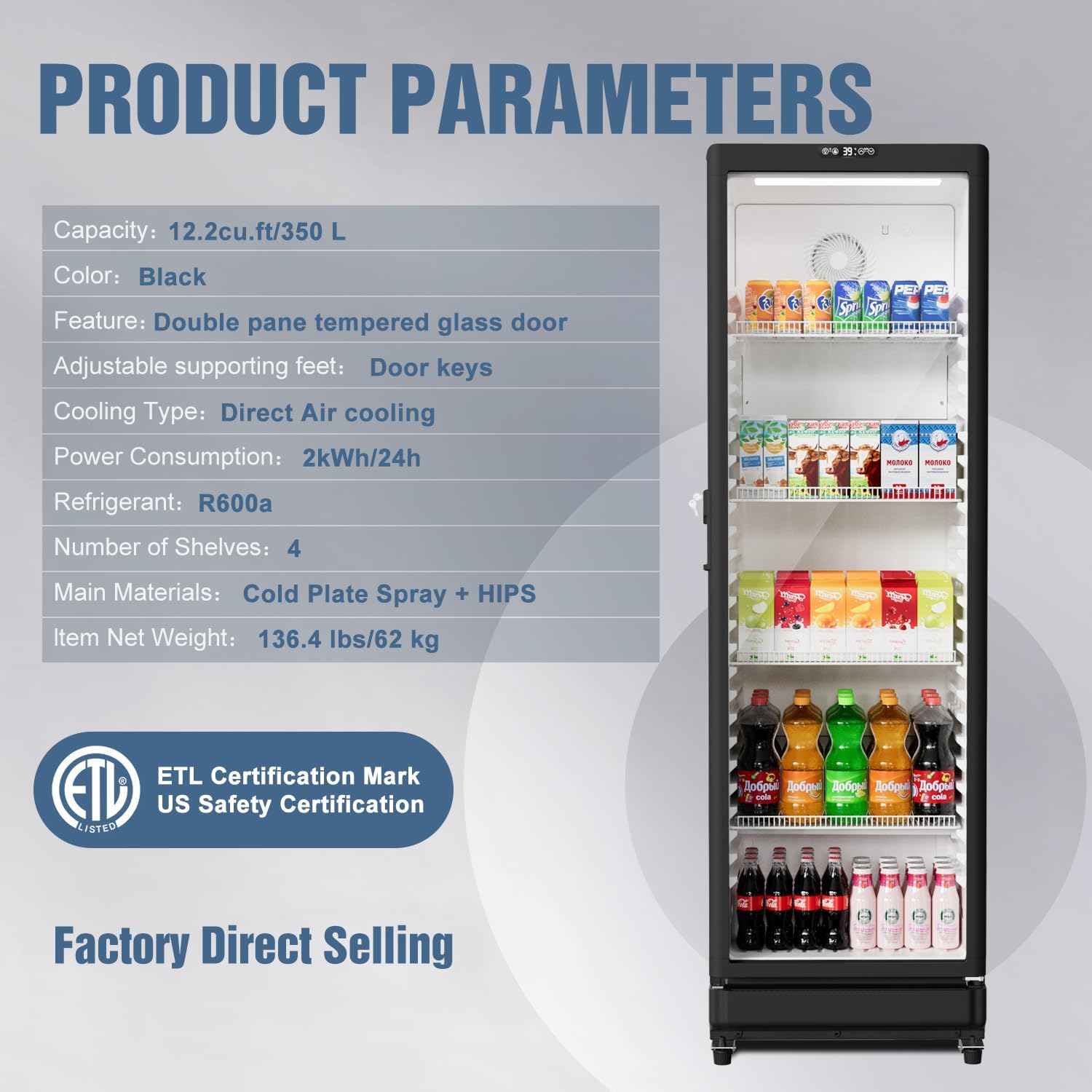 BEYOU Beverage Refrigerators, 12.2 cu. Ft commercial Display Fridge with Double-Tempered Glass Door Door, Merchandiser for Living Room, Bar, Garage（Black）