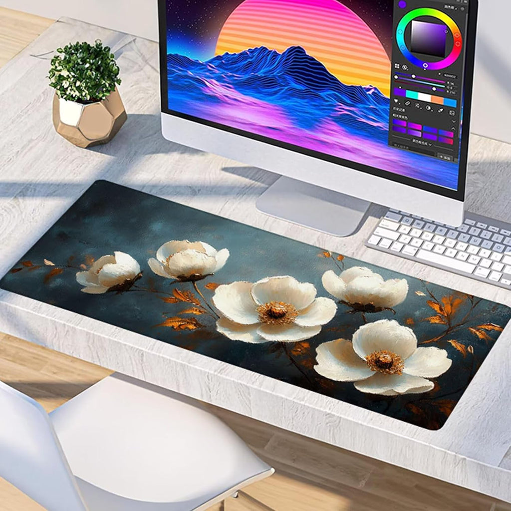 Flower Mouse Pad, Gaming Mouse Pad 60x32in, Desk Mat with Stitched Edges, Large Mousepad Waterproof, Gaming Accessories Keyboard Mat, Office Desk Accessories, for Gamer Computer Office, White 2-3774