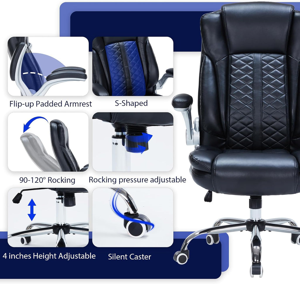 400lbs Executive Office Chair with Flip-Up Armrests, Big and Tall Computer Chair for Heavy People, Heavy Duty Ergonomic Comfy Chair, Breathable PU Leather (Black)