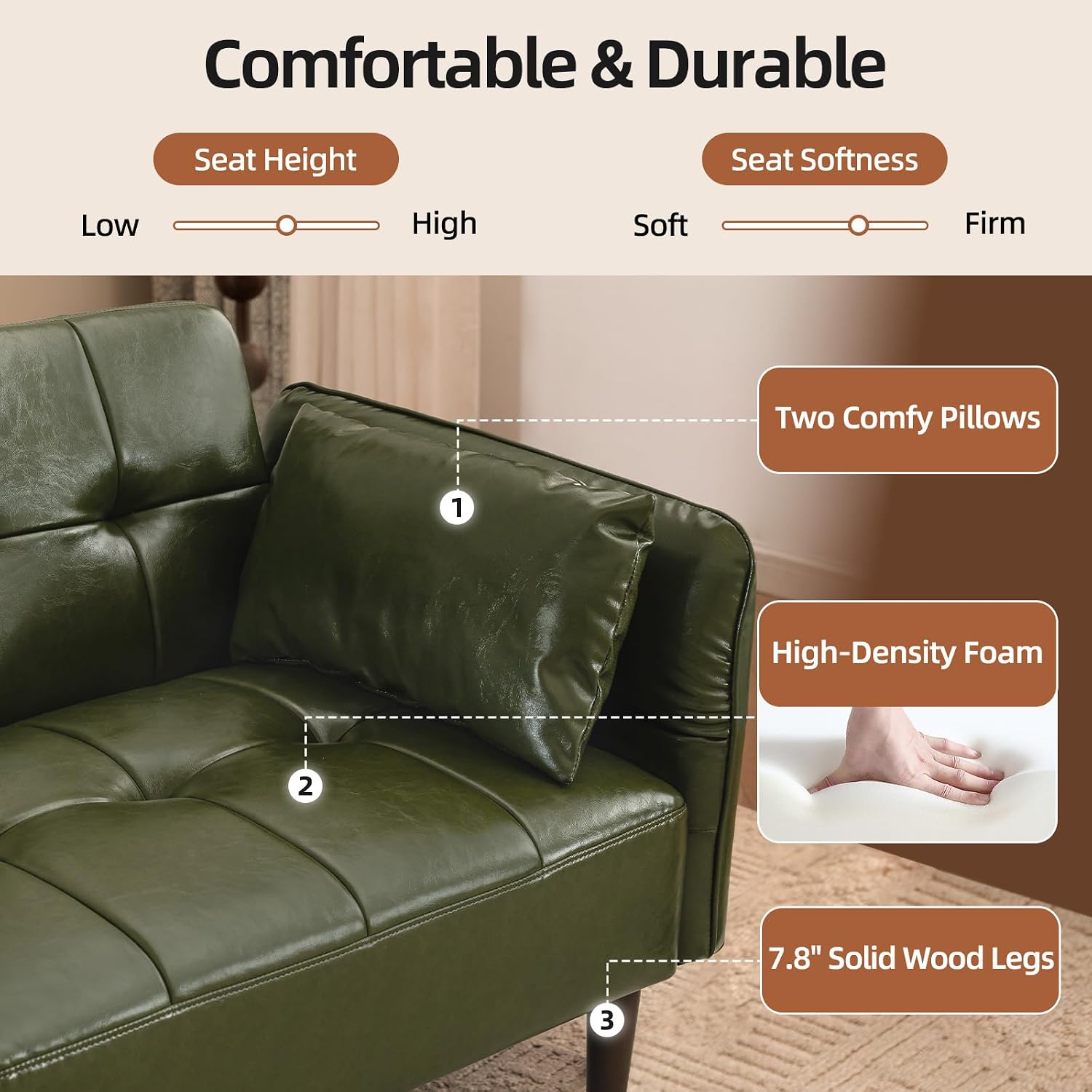 HALLYBEE Futon Sofa Bed, Sleeper Sofa, Small Couch with Storage Adjustable Armrests Pillows, Faux Leather Loveseat, Mid Century Modern Couches for Living Room, Bedroom, Apartment, Olive Green
