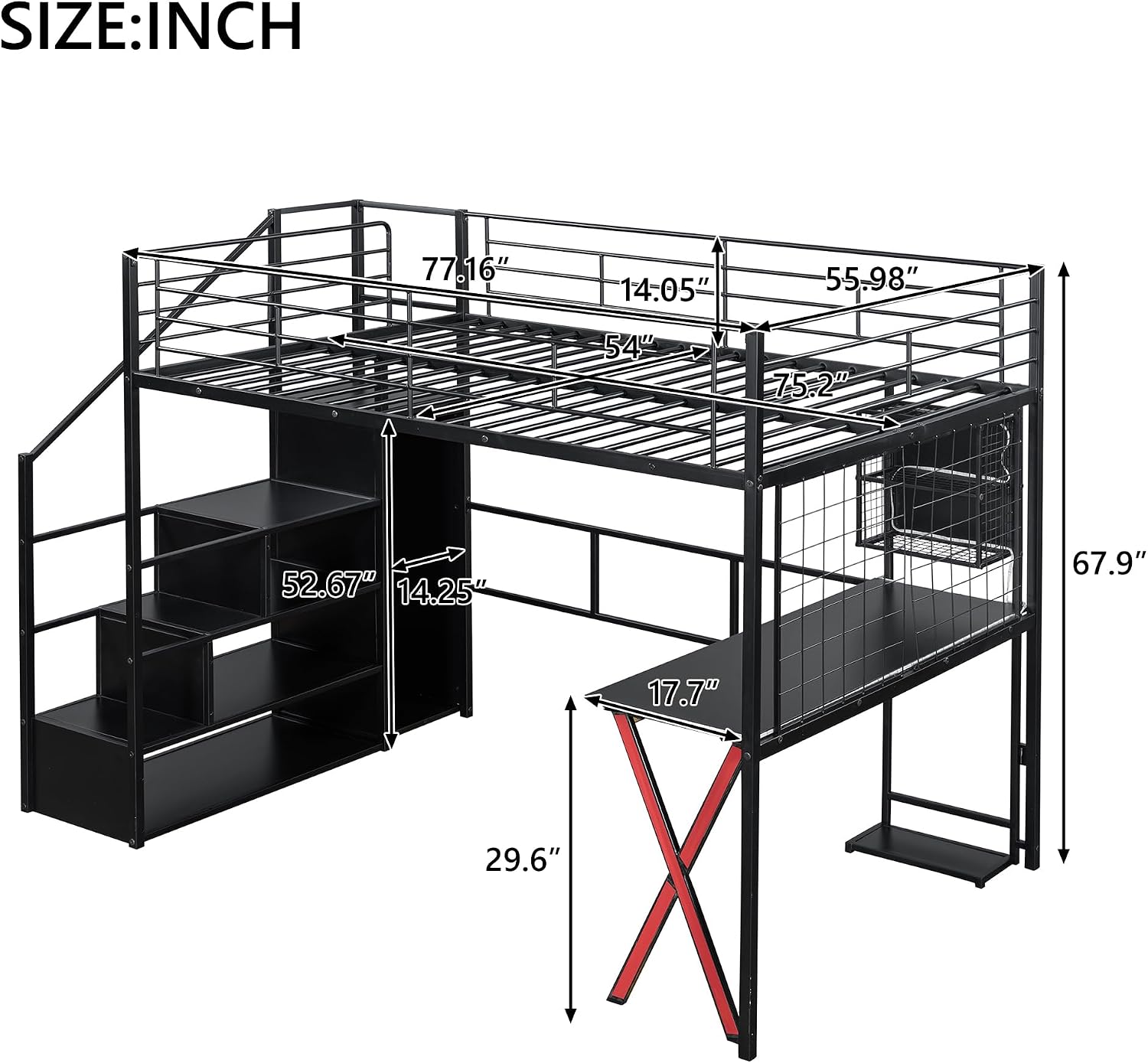MERITLINE Full Gaming Loft Bed with Desk and Storage Wardrobe& LED RGB,Metal Gaming Bed with Stairs and Storage Case,for Adults Teens (Black)