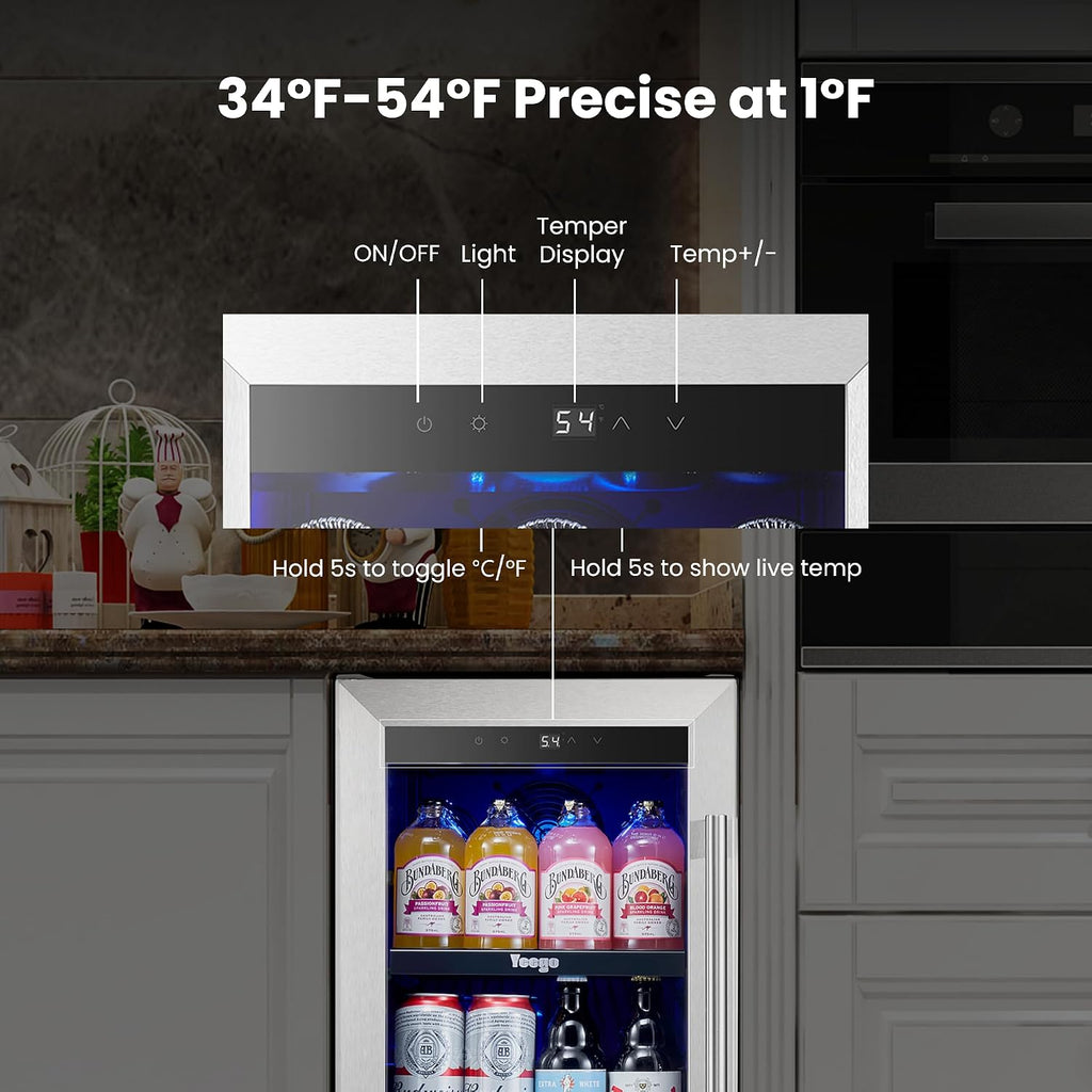 Yeego 15 Inch Beverage Refrigerator, Beverage Cooler Stainless Steel Refrigerator Built-in or Freestanding, Small Wine Fridge with Glass Door, Drink Fridge for Beer, Soda, Wine (Left-Hinged)