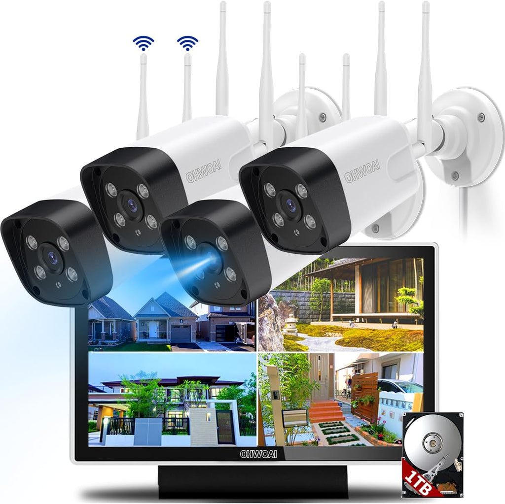《Dual Antennas & All-in-One Monitor》Wireless Security Camera System Outdoor, WiFi Cameras with 10.1inch Monitor for Home Video Surveillance Systems, Surveillance DVR Kits