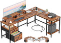 Furologee 66' L Shaped Desk with Power Outlet, Reversible Home Office Desk with File Drawer, 2 Monitor Stands, Storage Shelves, Corner Computer Table for Gaming, Writing, Rustic Brown
