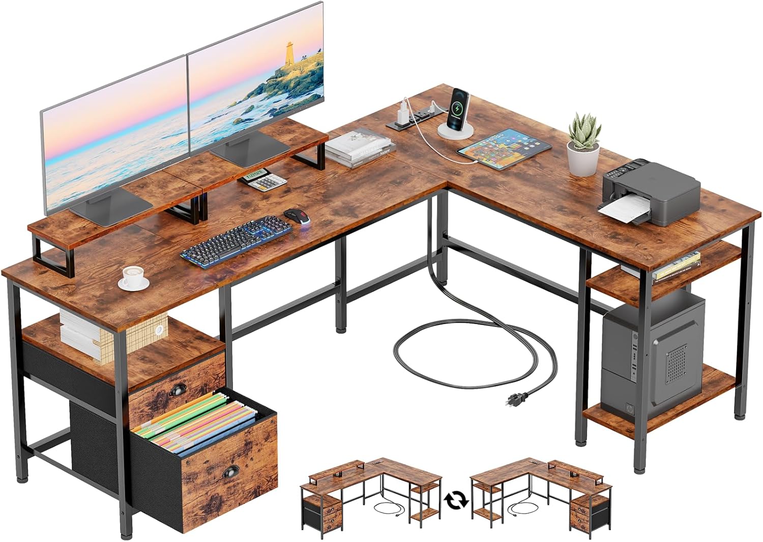 Furologee 66' L Shaped Desk with Power Outlet, Reversible Home Office Desk with File Drawer, 2 Monitor Stands, Storage Shelves, Corner Computer Table for Gaming, Writing, Rustic Brown
