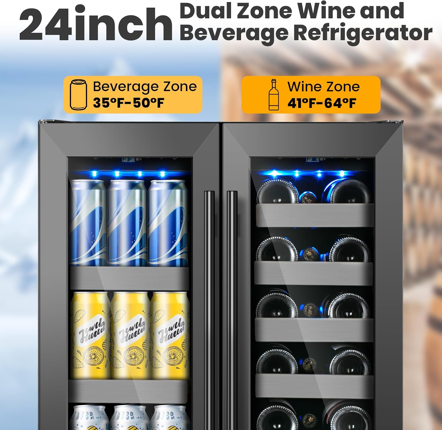 24 Inch Black Dual Zone Wine Fridge,20 Bottle & 88 Cans Wine and Beverage Refrigerator with Glass Door,Undercounter&Freestanding Stainless Steel Handle Wine Cooler Refrigerator for Home,Party