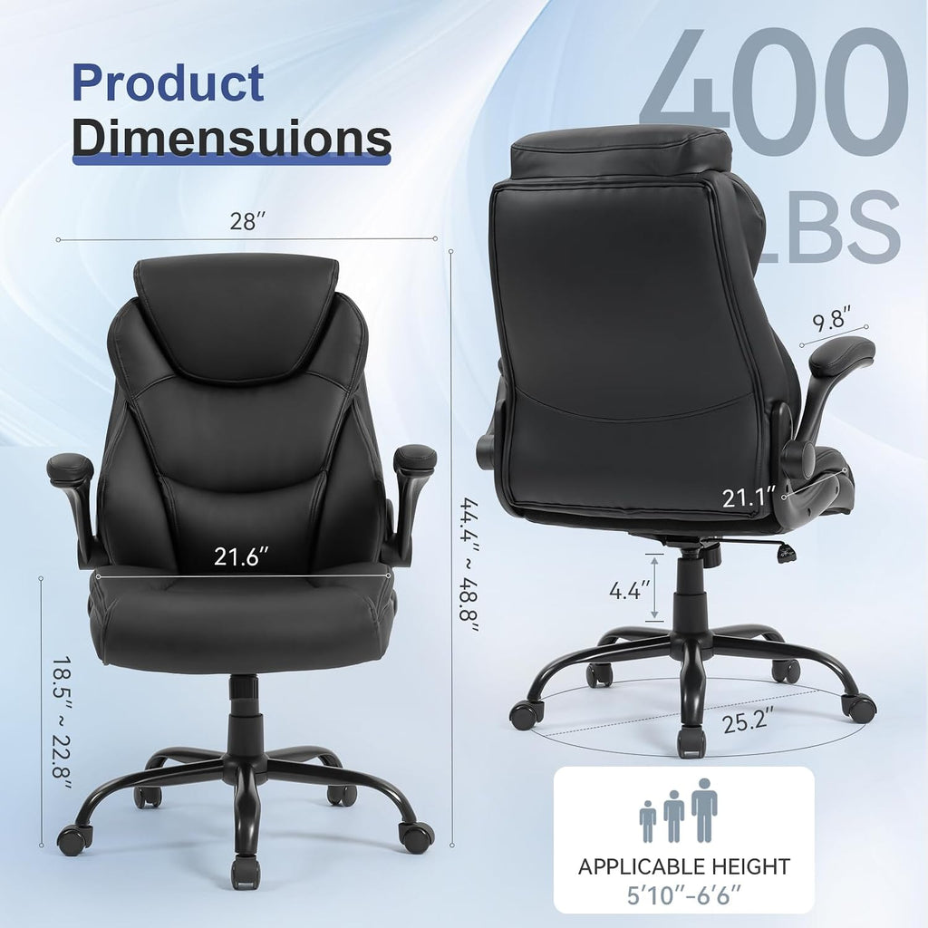 Brage Living 400LBS Big and Tall Office Chair, Heavy Duty Leather Executive Desk Chair with Padded Flip-up Arms, Swivel Rolling Computer Chair for Home Office, Black
