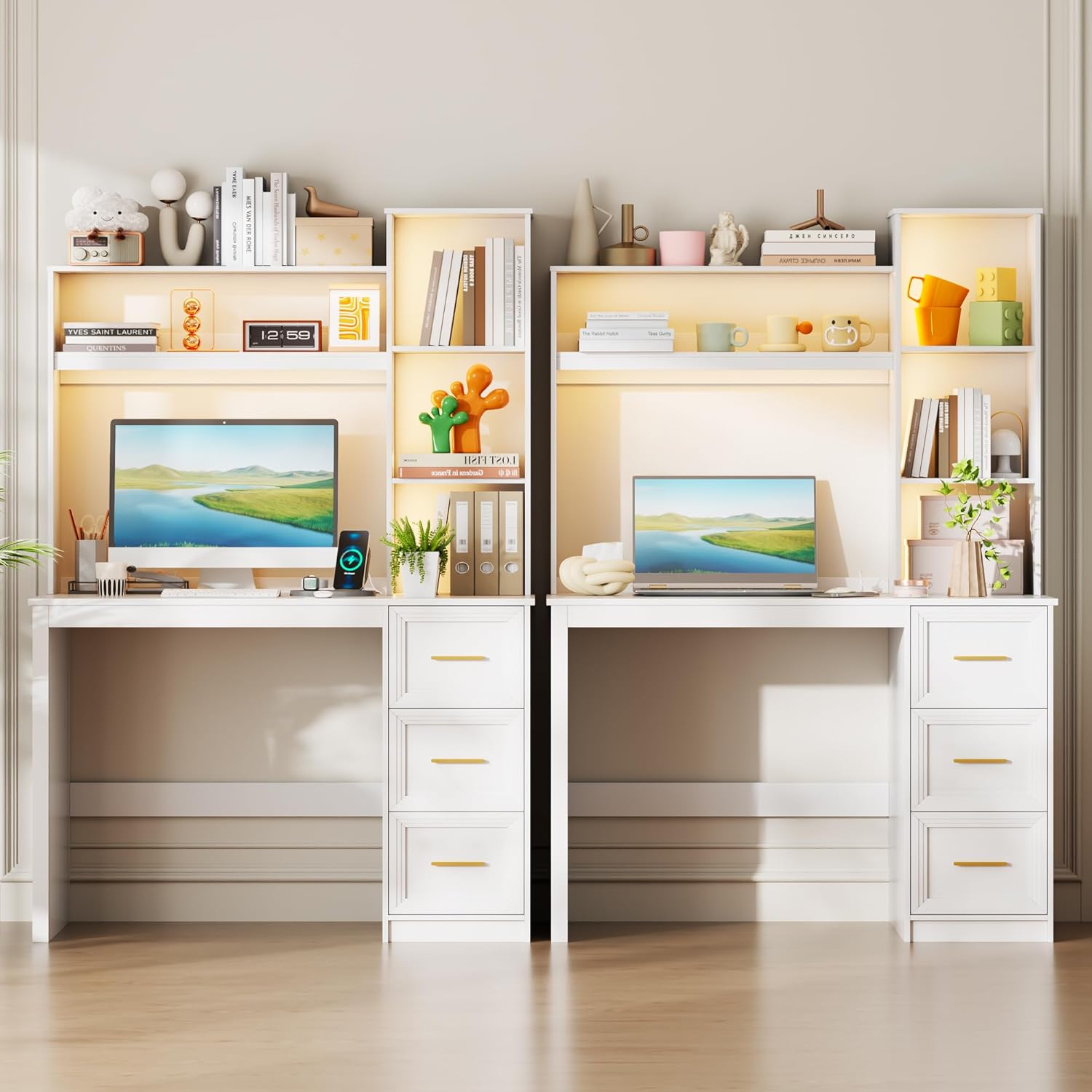 LVSOMT 40' Home Office Desk with Hutch and Drawers, Computer Desk with Power Outlets and LED Light, Study Writing Gaming Table with Storage Shelves, Workstation for Bedroom, White