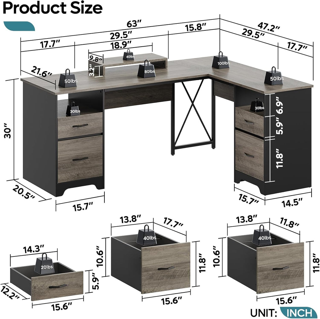 Bestier L Shaped Desk with 4 Drawers, 63' x 47' Executive Desk with Open Storage & Monitor Stand, Corner Desk with 2 File Drawers & Modesty Panel for Home Office, Gray