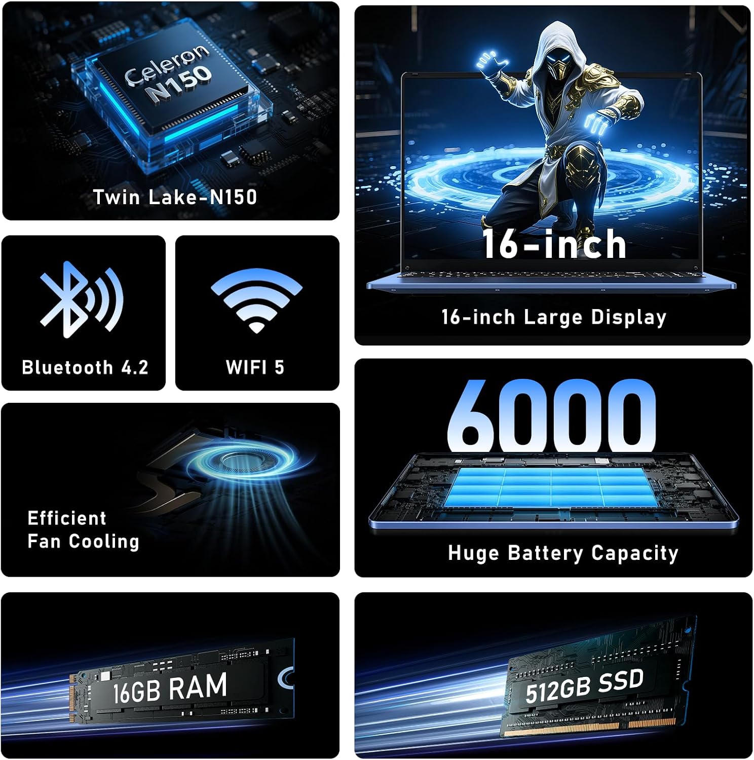 FUNYET Gaming Laptop, 16 inch Laptop Computer 2026 with Window 11 Pro, 16GB RAM 512GB SSD, Int 13th Gen N150 Processor(up to 3.6GHz), Backlit Keyboard, Mini HDMI, FHD 1920 * 1200, Dark Blue