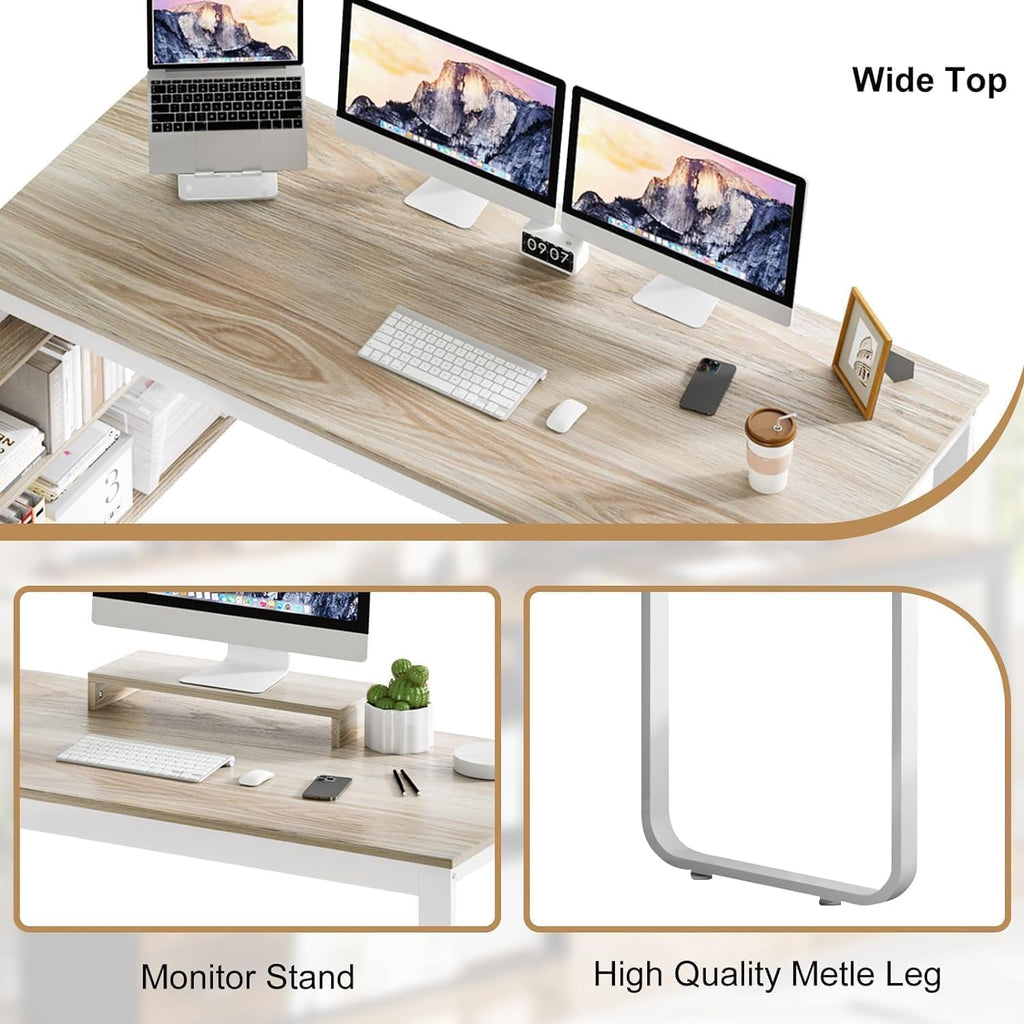 MaverickFurni 55' L Shaped Desk with Drawers and Shelves, Home Office Desk with Monitor Stand for Work Writing Study, Reversible Corner Desk with Storage, White and Walnut