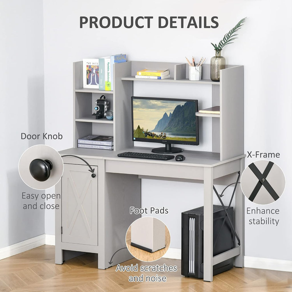 HOMCOM 47 Inch Farmhouse Computer Desk with Hutch and Cabinet, Home Office Desk with Storage, for Study, Light Gray