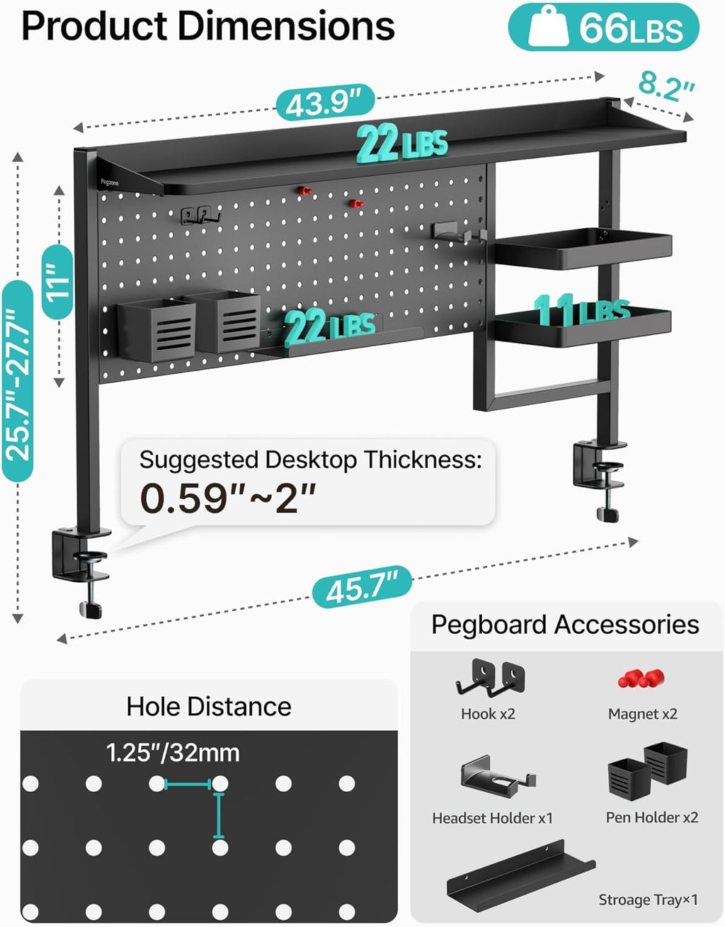 PEGZONE Clamp on Desk Shelf, 44' Desktop Shelving System with Pegboard and Accessories, Desktop Organizer with 2-Tier Shelf, Desk Pegboard for Office Home Gaming, Black
